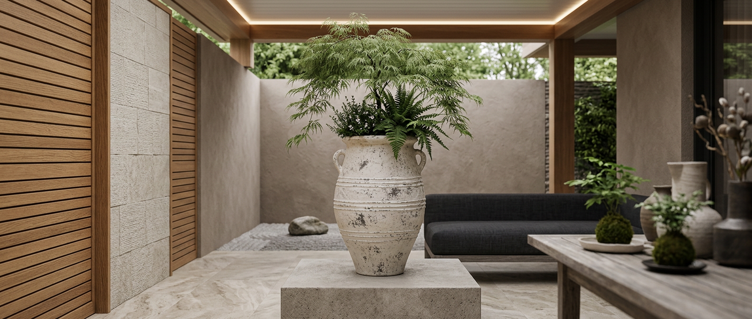 Modern outdoor patio with a large decorative vase, potted plants, and a sofa.