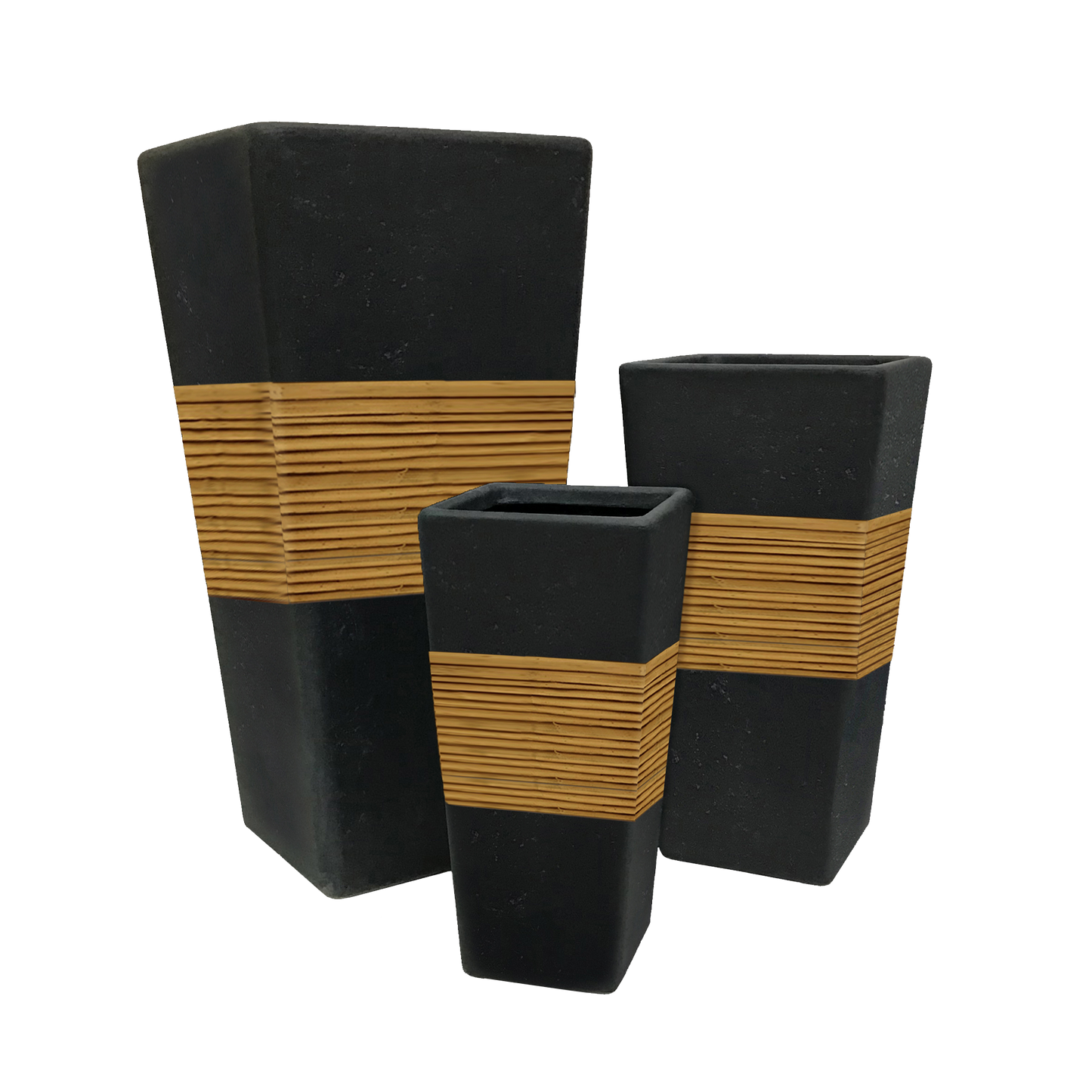 Contemporary Tall Tapered Square with Arorog Band and Rattan Window Boxes
