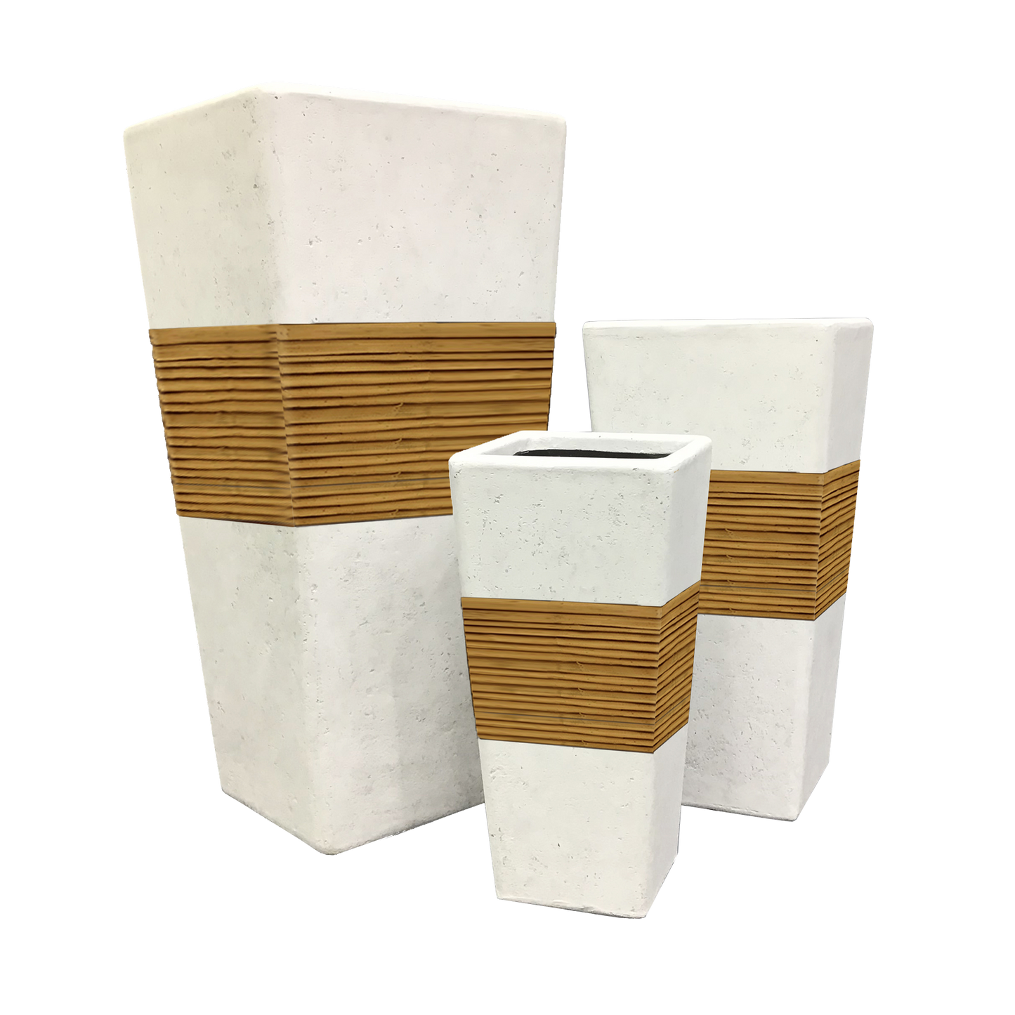 Contemporary Tall Tapered Square with Arorog Band and Rattan Window Boxes